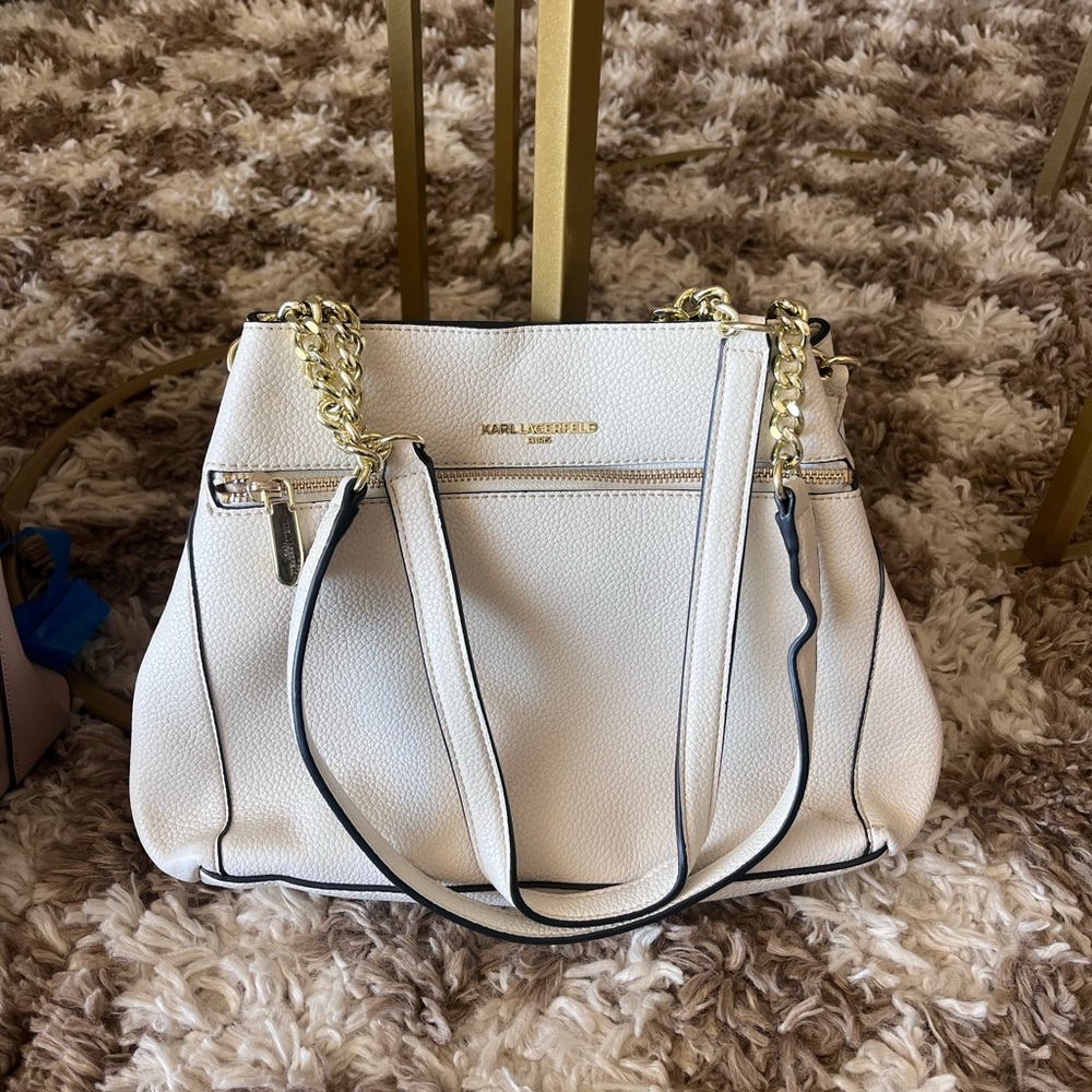 Karl Lagerfeld White Shoulder Bag with Gold Chain